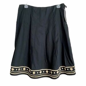 Jones NY Black Cotton Skirt Size 8 Midi Pleated Flared Full Embroidered Summer